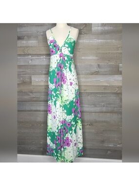 Free People Green/Purple Floral Spaghetti Straps Deep V-Neck Maxi Dress medium